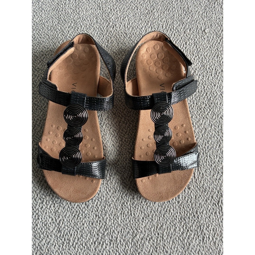 Vionic Farra II Women's Black Metallic Medallion Orthotic T- Strap Sandals Sz 7.